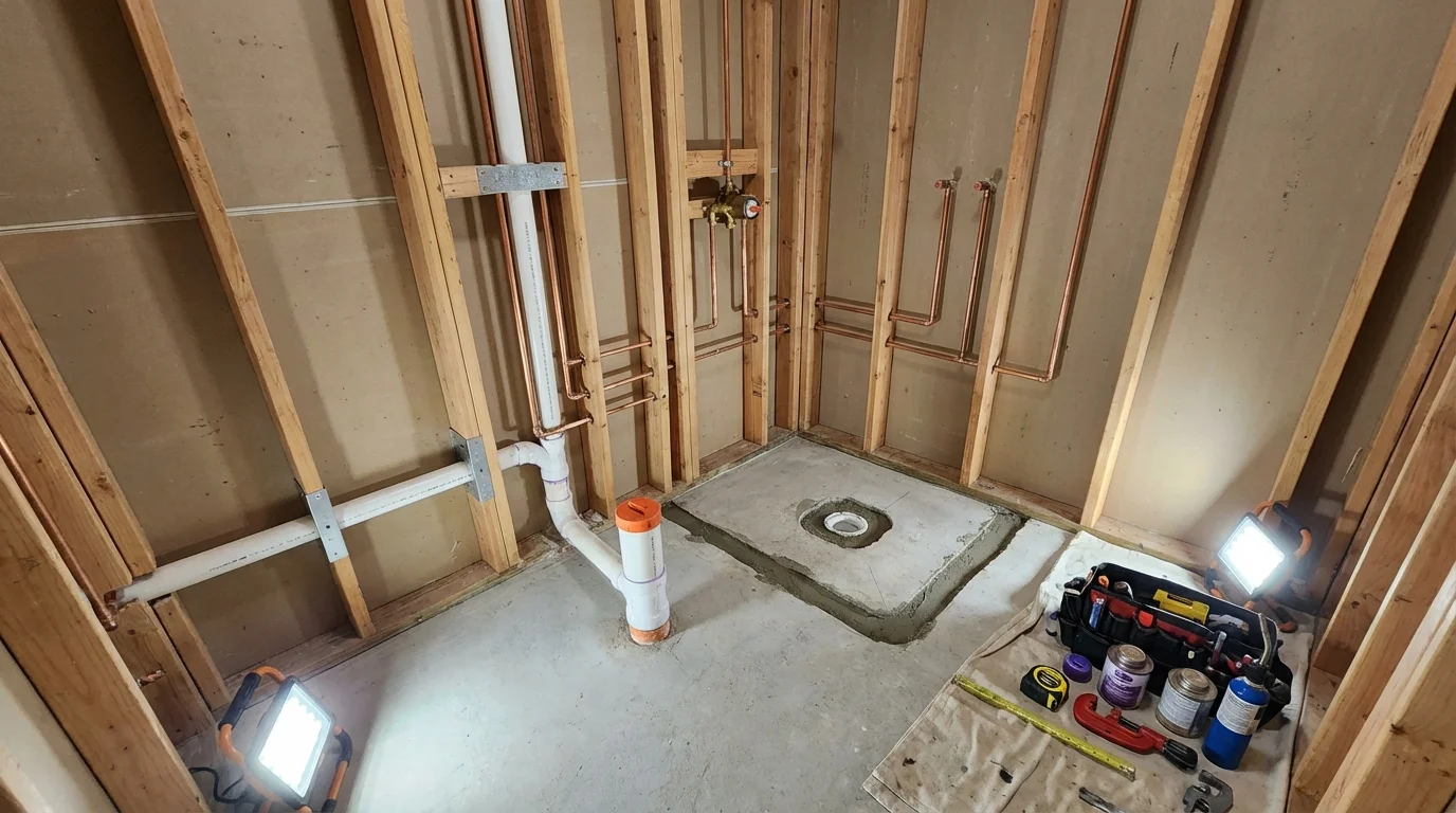 Bathroom rough-in plumbing during remodel by Johns Plumbing LLC in Madison