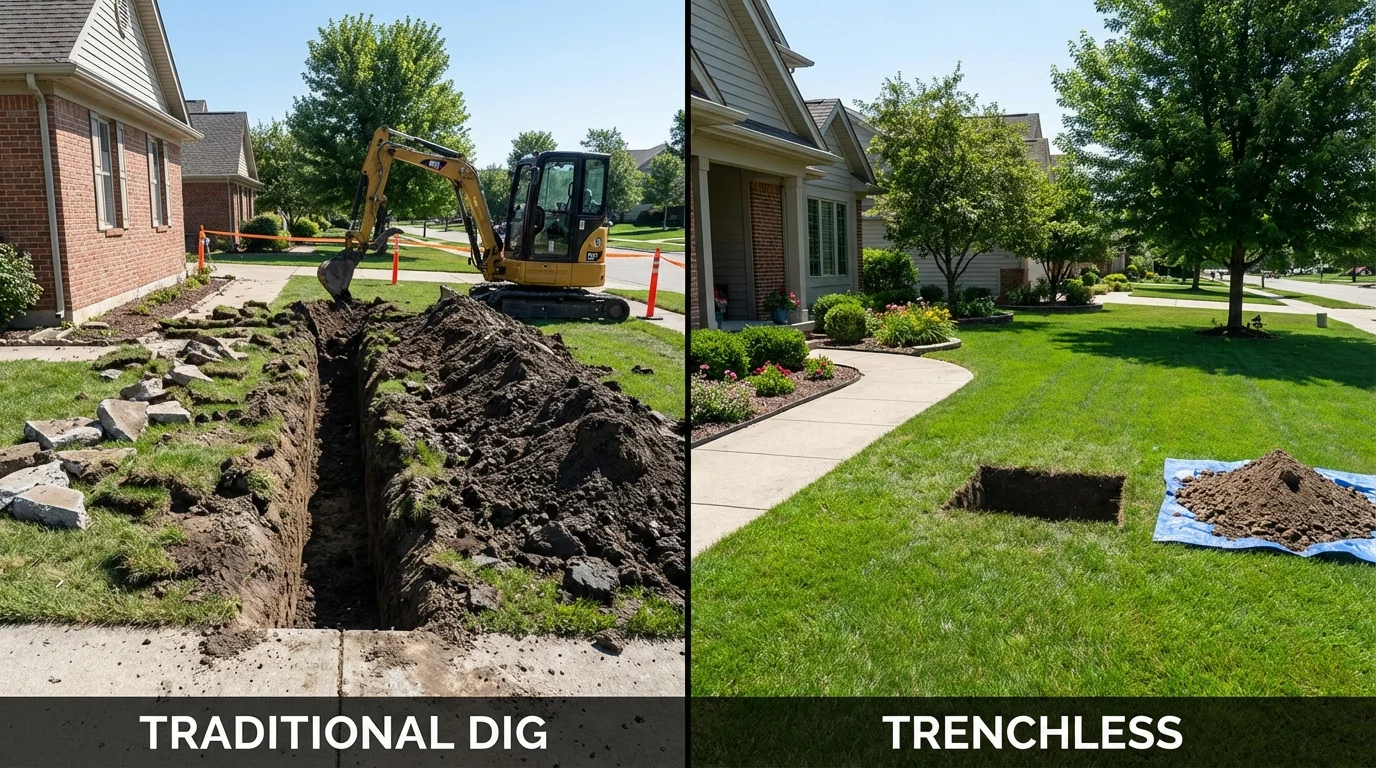 Trenchless sewer repair with minimal yard damage versus traditional excavation in Madison, SD